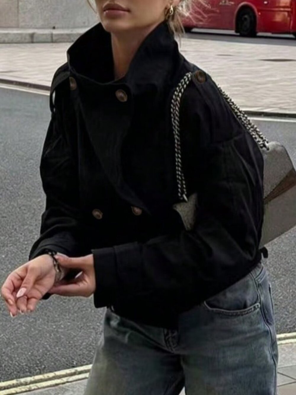 Black Casual Women's Double-Breasted Long Sleeve Jacket - Picture 4 of 7